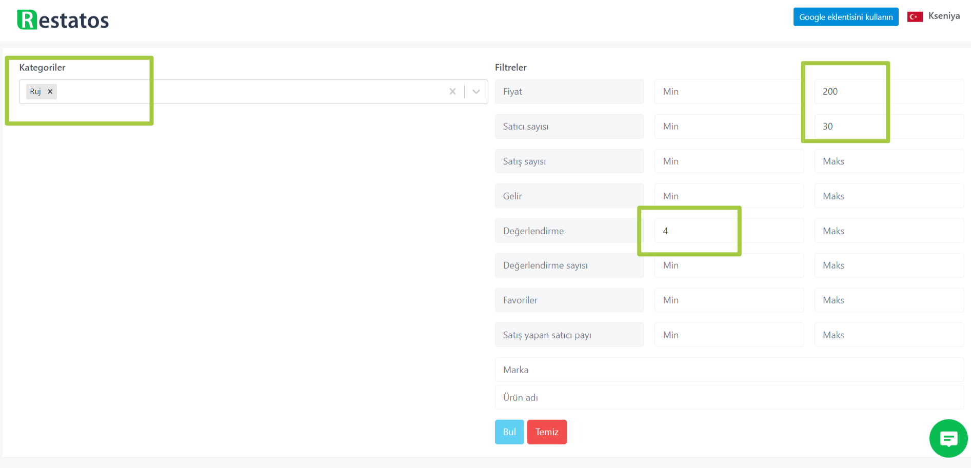 multiple filters for trendyol